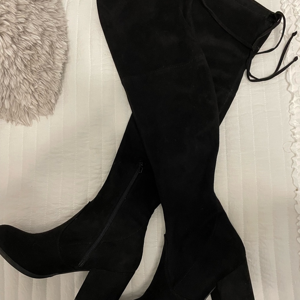 New never worn, over the knee black suede style boots.
